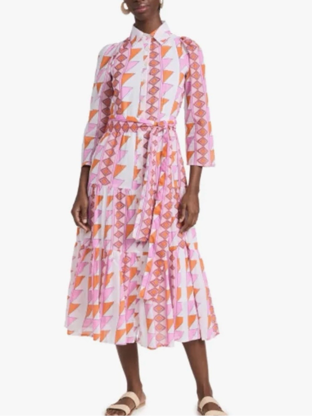 New Matea Pink & Orange Geometric Midi Shirt Dress